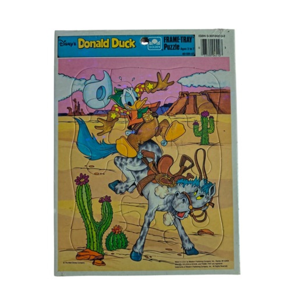 Vintage Golden Donald Duck Cowboy Desert Horse Bronco Frame Tray Puzzle
